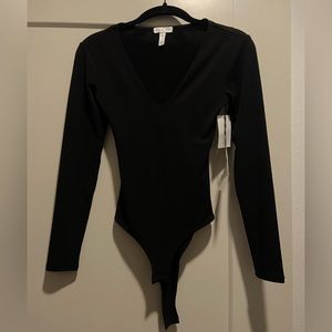 Black long sleeve bodysuit with V neck